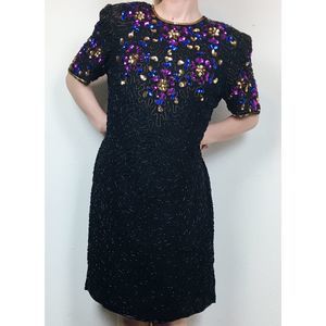 80s Vintage Beaded Sequin Short Sleeve Mini Dress